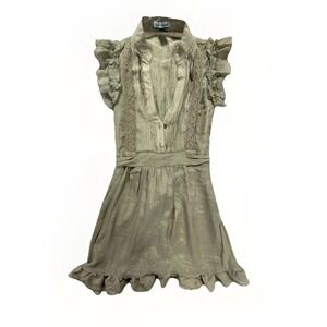 Body Central Mini Dress Womens Olive Pleated Ruffled Sleeves V-Neck Tie Waist